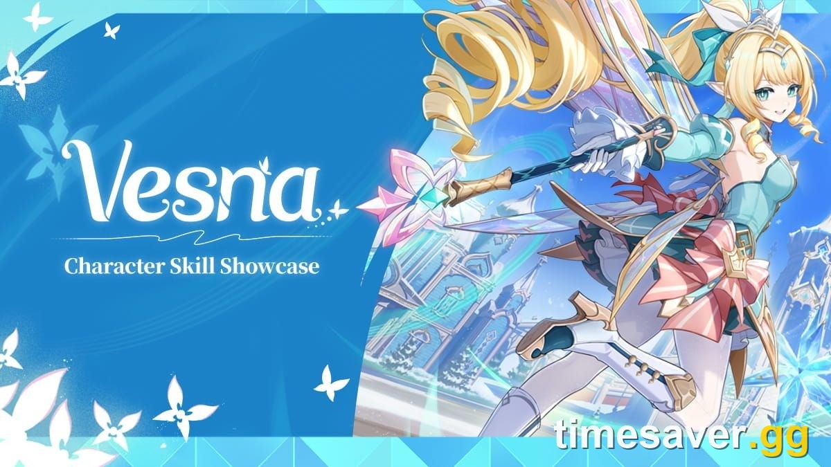 Official Genshin Impact Character Skill Showcase key art for Snowy Banquet's Sharp Blade Vesna, the Anemo sword user debuting in Version 7.1