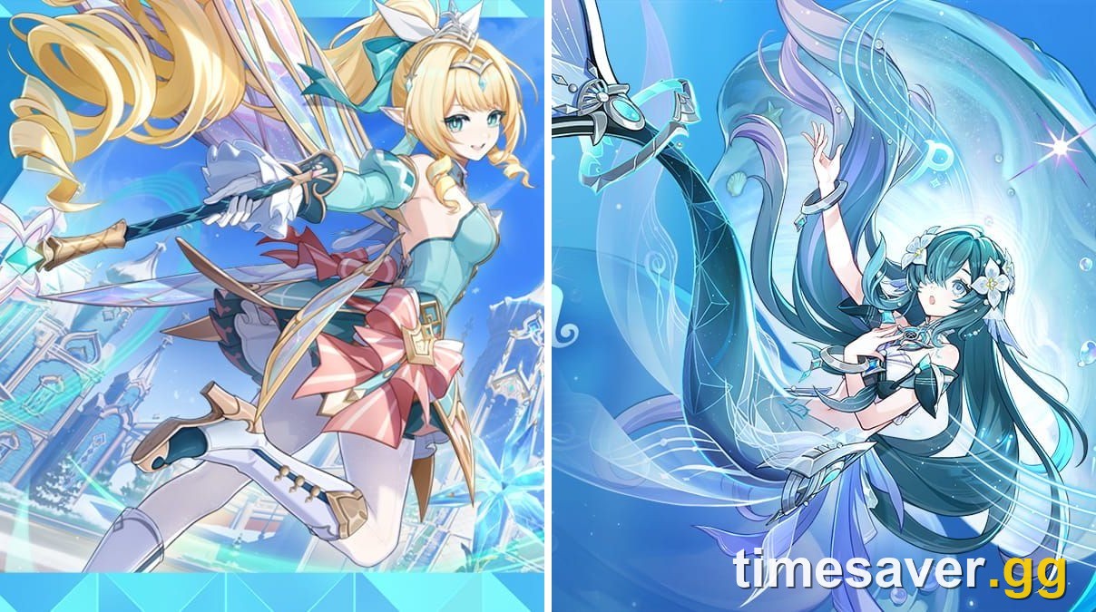 Official Genshin Impact Character Skill Showcase key art for Vesna and Vodyanitsa, the two characters debuting in Version 7.1