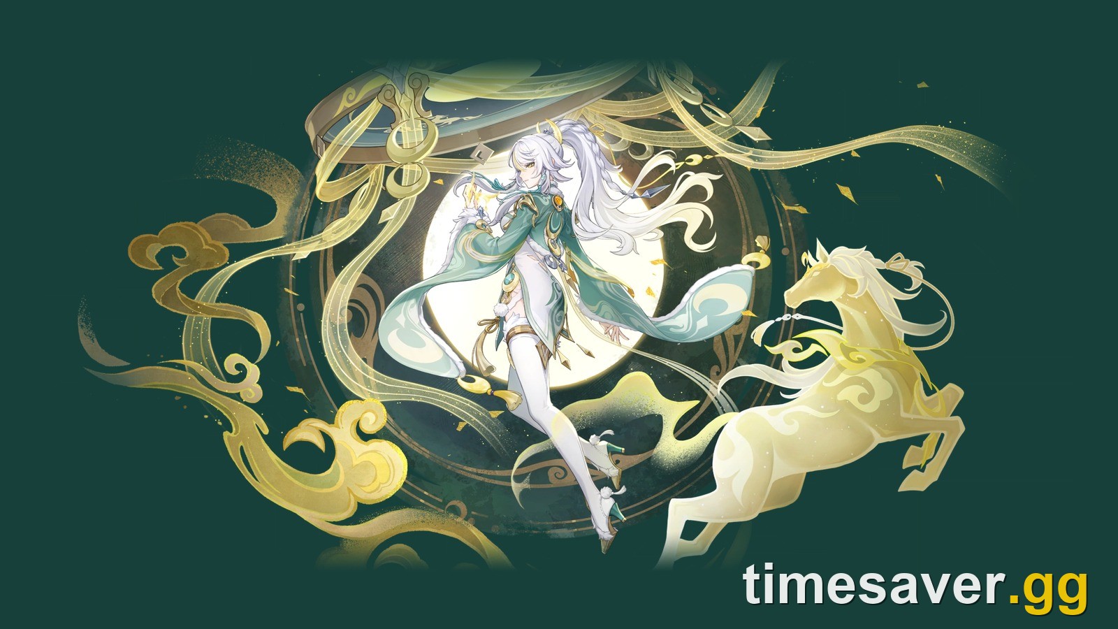 Zibai, the five-star Geo Sword character from Liyue, shown with her golden spirit steed