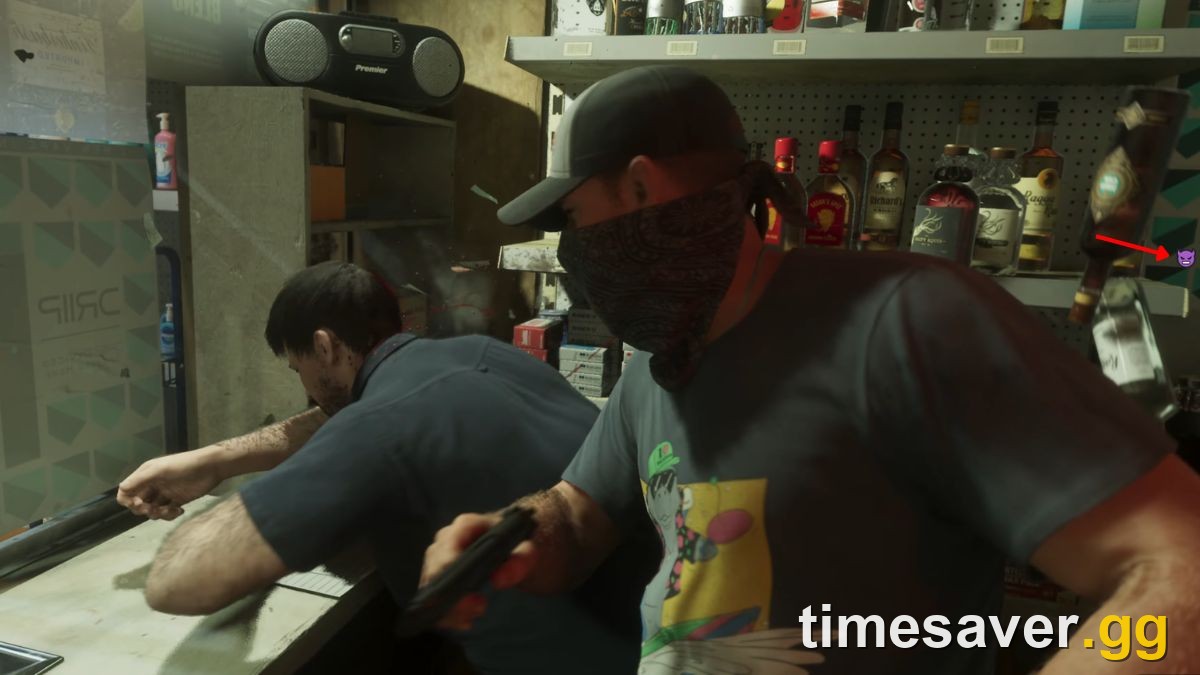 Jason robbing a liquor store in GTA 6 with the purple Criminal Profile icon showing in the top-right corner, frame from Rockstar's Extended Look