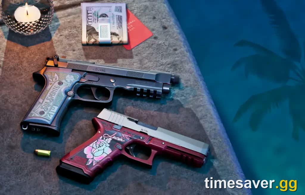 GTA 6 Ultimate Edition revolver artwork showing a stack of cash with a labeled Dye Pack device attached