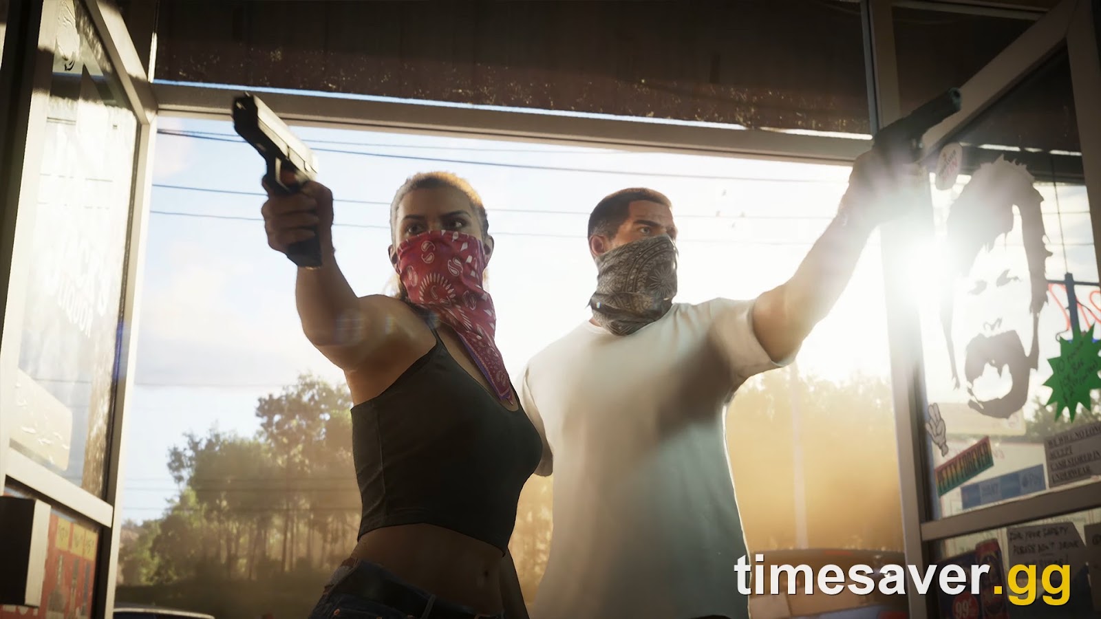 GTA 6 protagonists Jason and Lucia robbing a store, guns drawn — official Rockstar screenshot