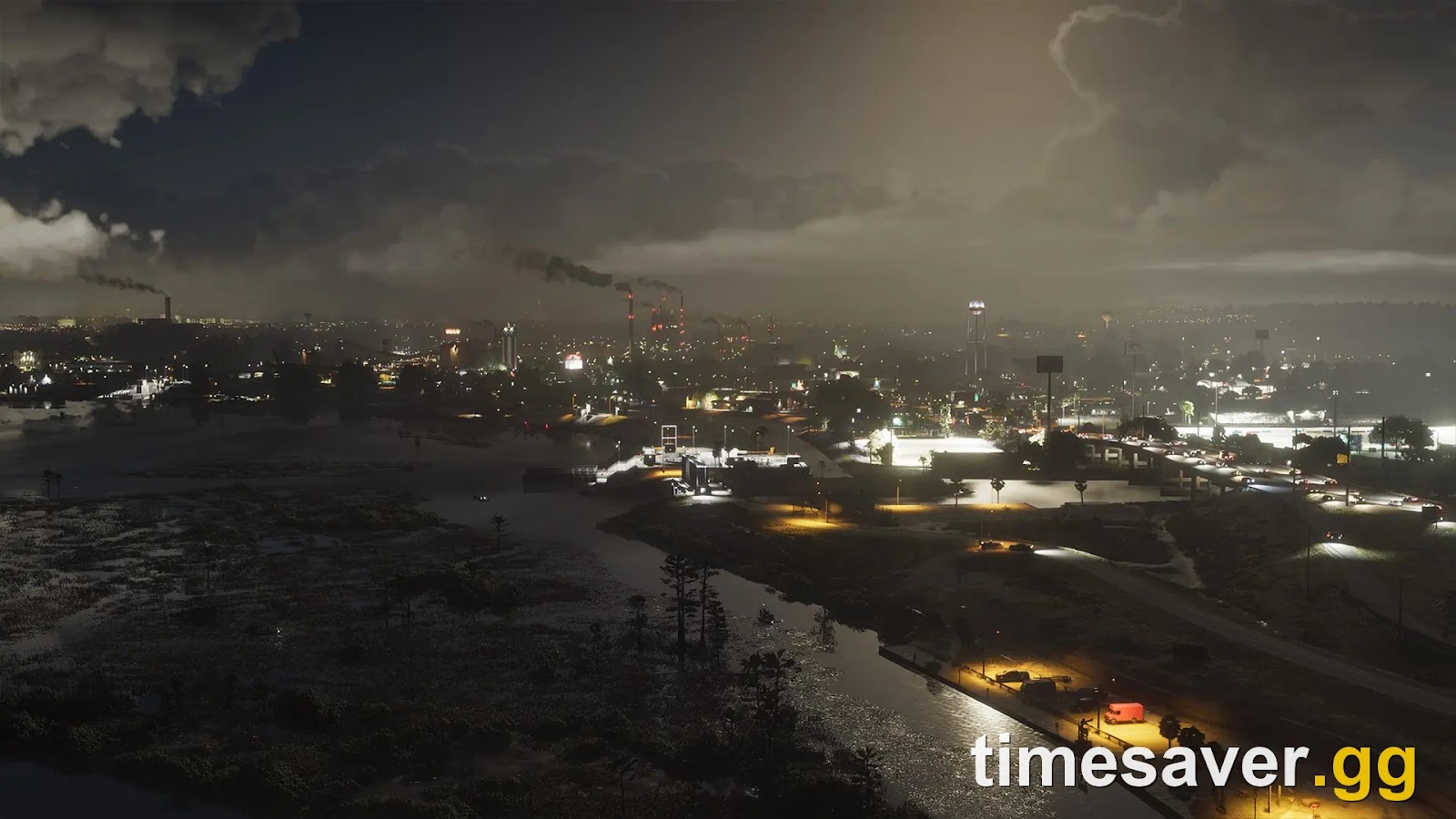 GTA 6 Port Gellhorn at night, a faded Gulf-coast industrial port town in Leonida with smokestacks and lit-up roads across the water