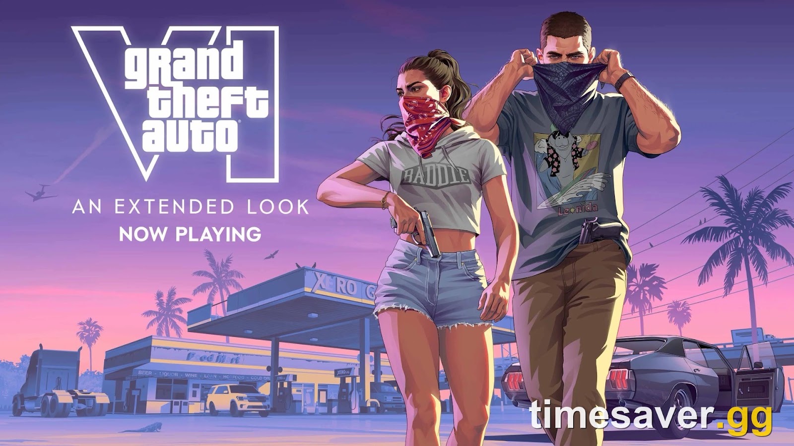 Official GTA 6 An Extended Look key art showing Lucia and Jason in bandanas outside a gas station in Vice City