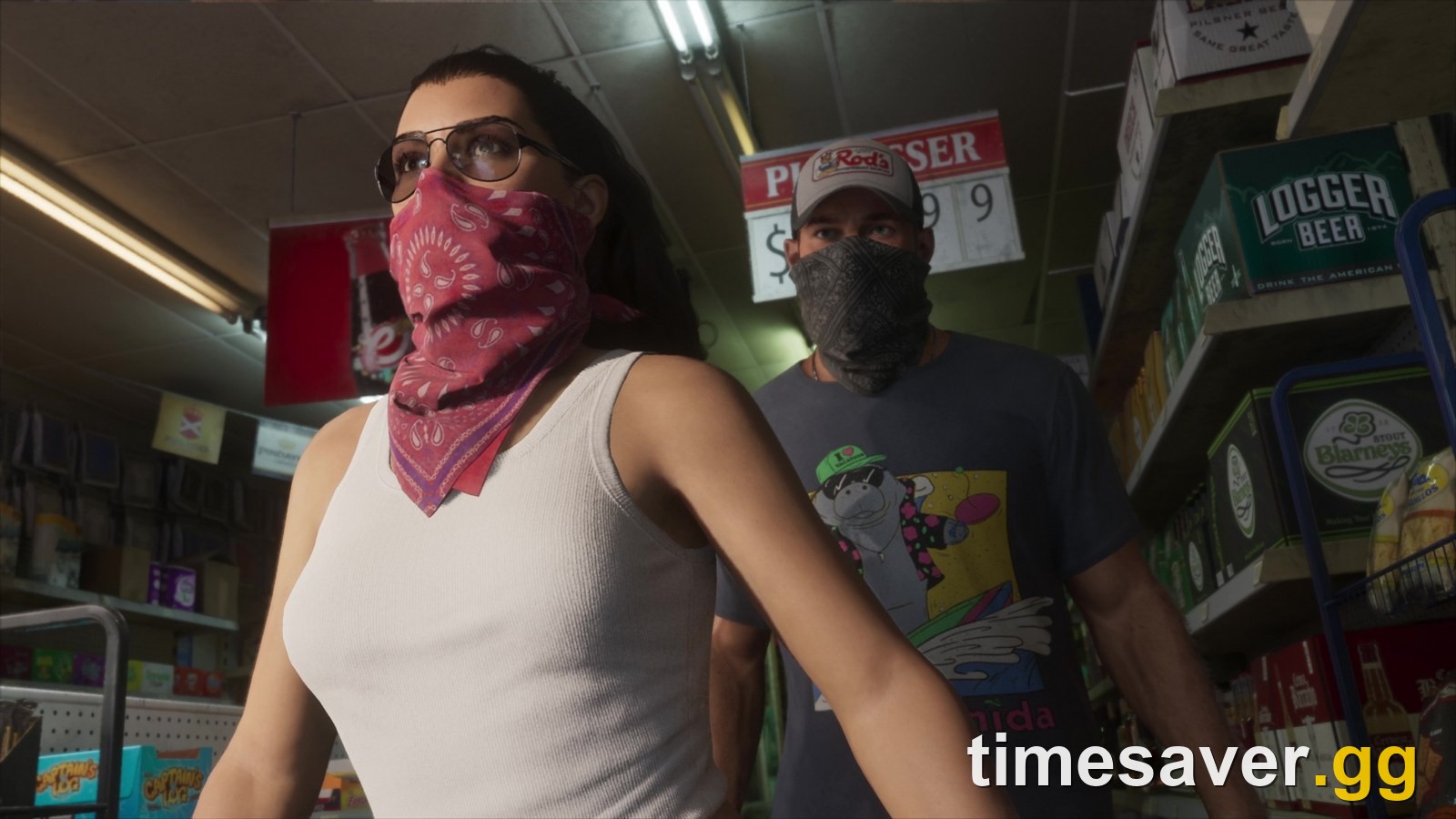 Jason and Lucia in bandana masks robbing a convenience store in GTA 6, a scene from the An Extended Look showcase