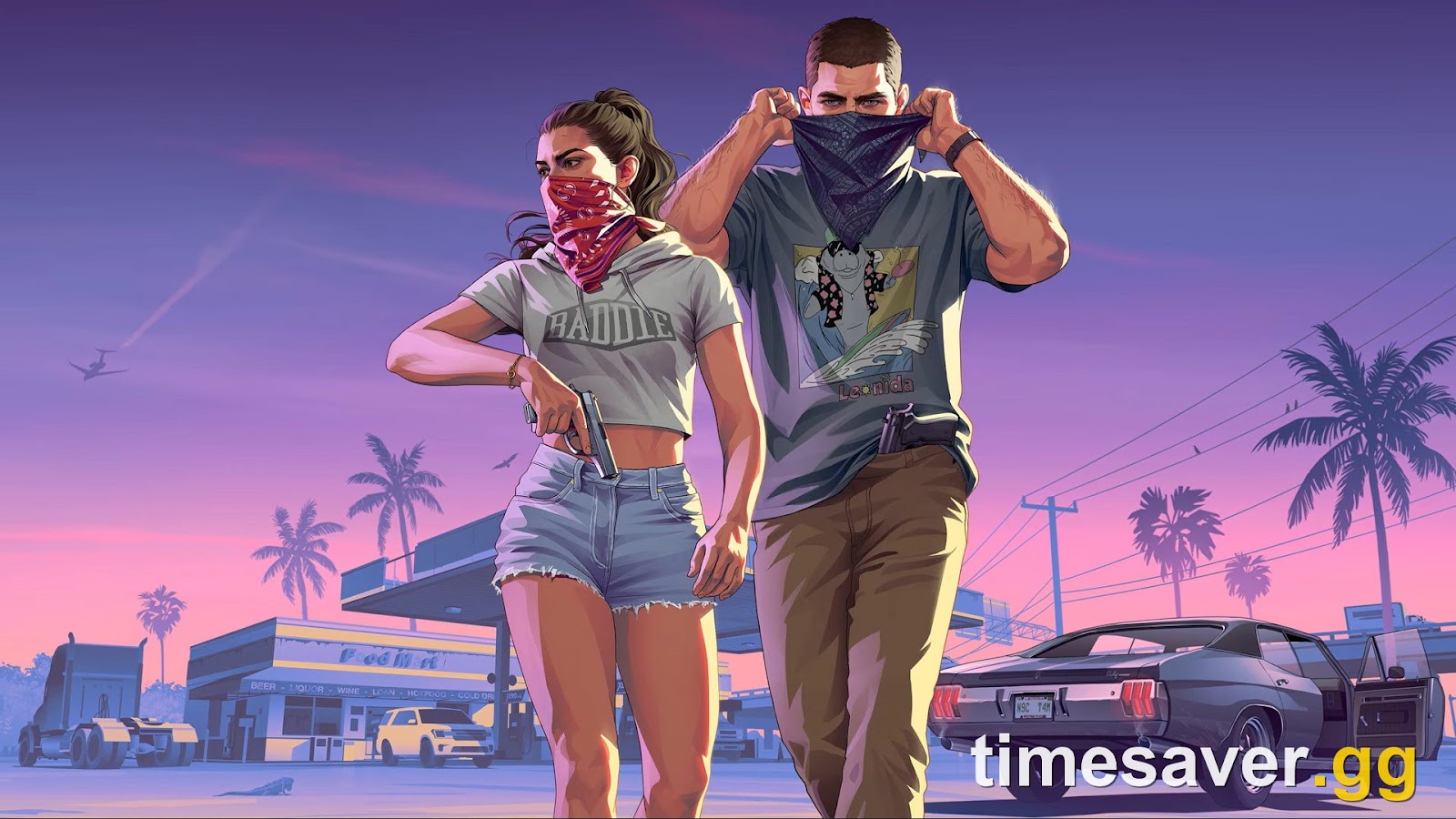 Jason and Lucia on a Vice City street in official GTA 6 key art, the two protagonists of the single-player campaign