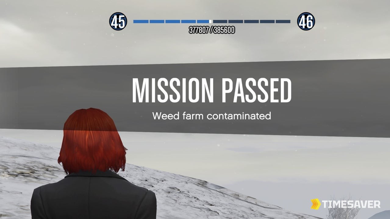 GTA Online Mission Passed screen with the RP bar filling from Rank 45 to 46 — leveling up in GTA Online