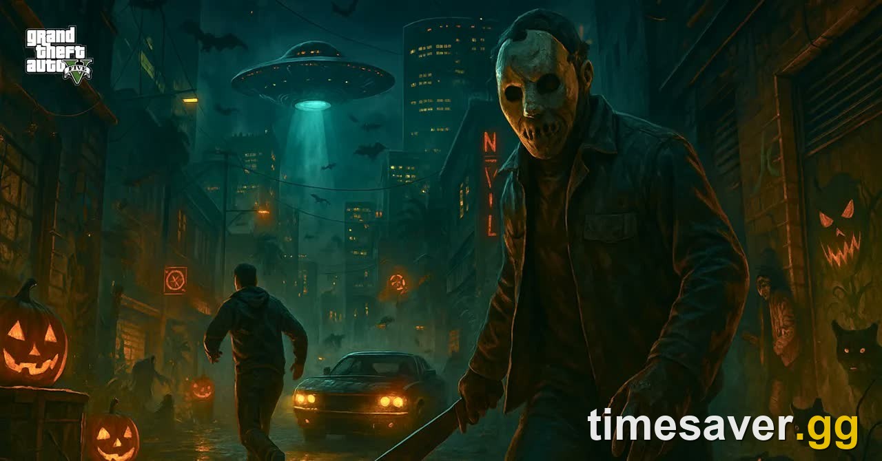GTA Online Halloween 2026 event art — a masked slasher stalking a Los Santos street at night under a UFO, lined with jack-o'-lanterns