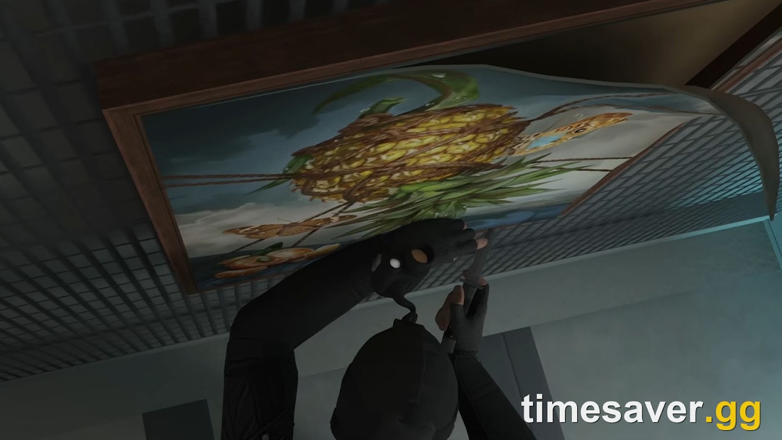 A masked thief stealing a painting inside the Kortz Center art gallery in GTA Online
