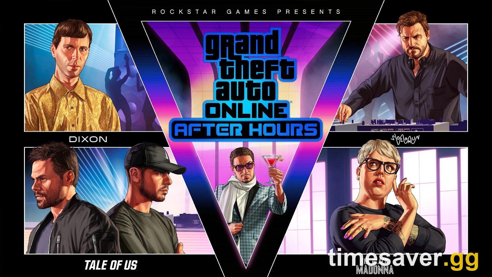 GTA Online After Hours official artwork — the four resident DJs Solomun, Dixon, Tale of Us and The Black Madonna around the After Hours logo, the update that added Nightclubs, GTA Online's highest passive-income property