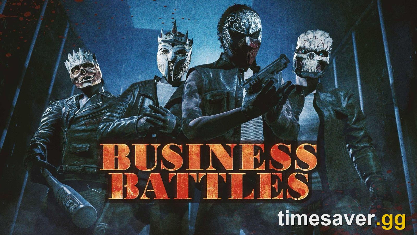 GTA Online Halloween 2026 Business Battles official art — four masked gang members in leather jackets with a pistol and a baseball bat