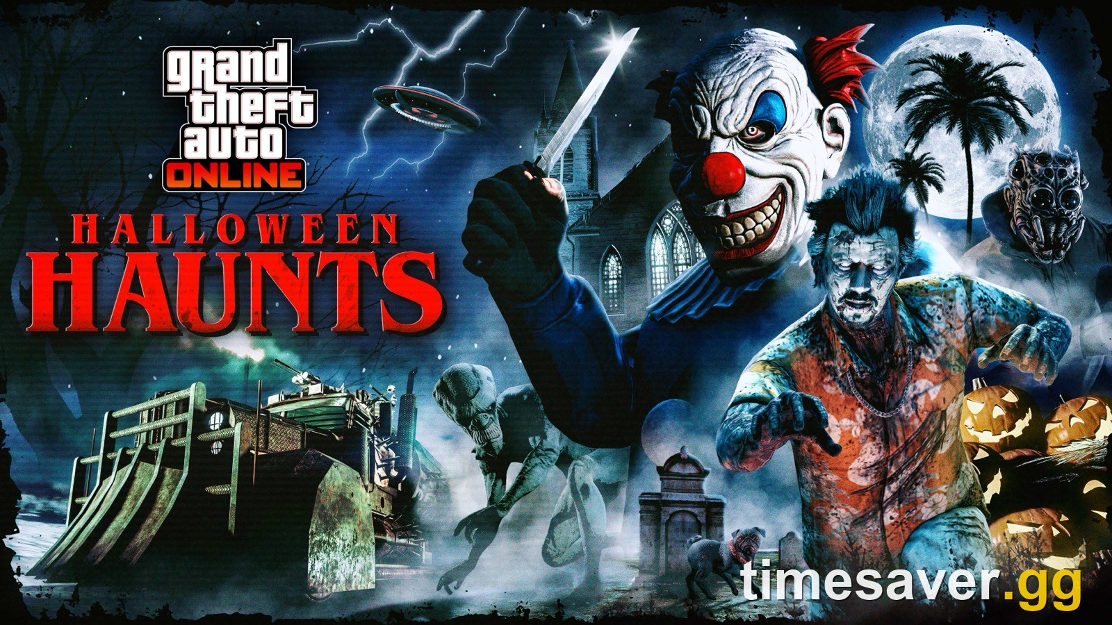 GTA Online Halloween Haunts official art — a knife-wielding Slasher clown, a zombie and an alien in front of a church under a full moon