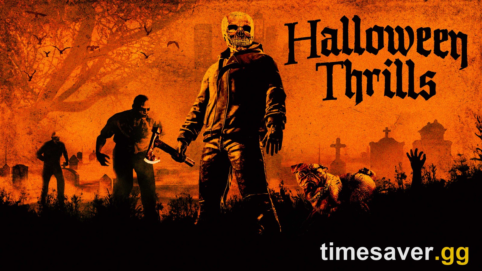 GTA Online Halloween Thrills event official artwork — a skull-masked slasher with a hatchet in a graveyard at dusk
