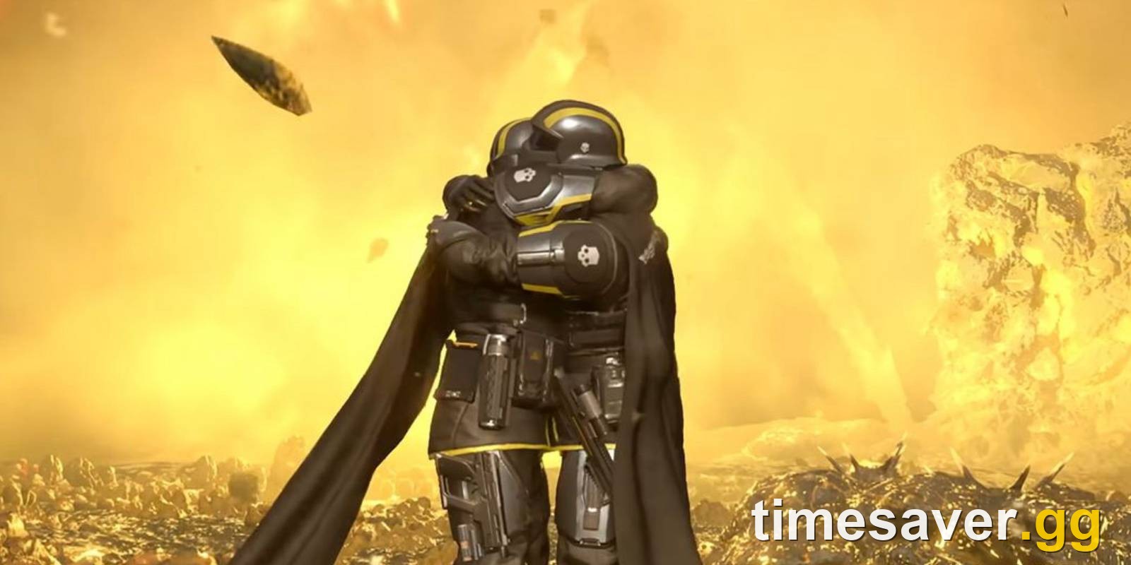 Two Helldivers stand together amid fire and enemy corpses on a battlefield in Helldivers 2