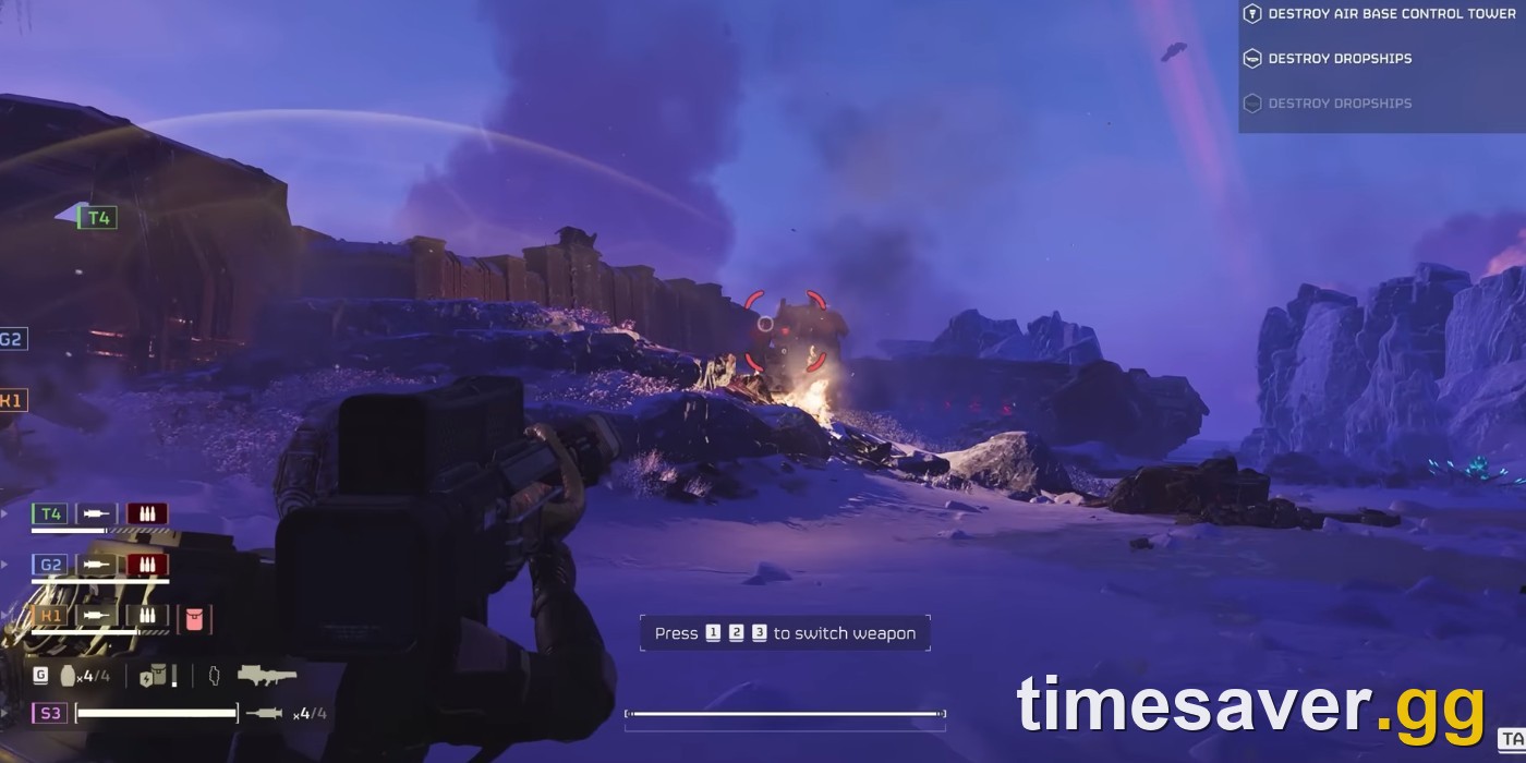 Helldivers 2 Helldiver aiming the Quasar Cannon support weapon across the battlefield