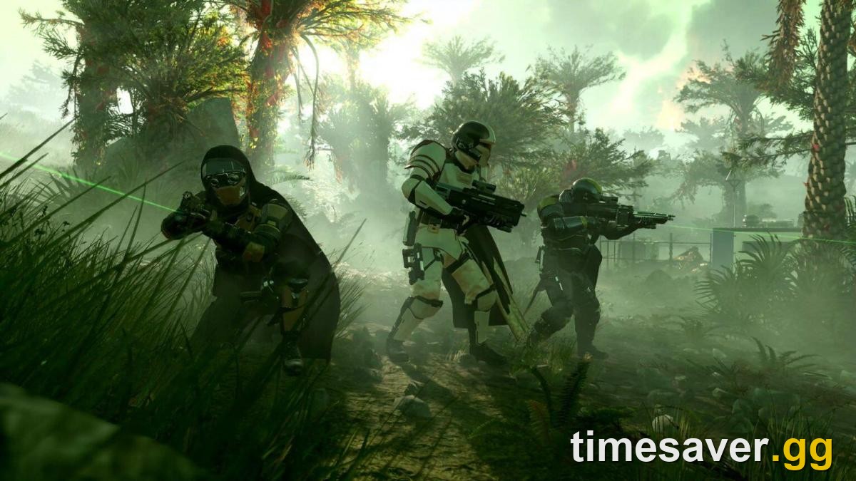 A squad of Helldivers advancing together through the jungle in Helldivers 2 co-op