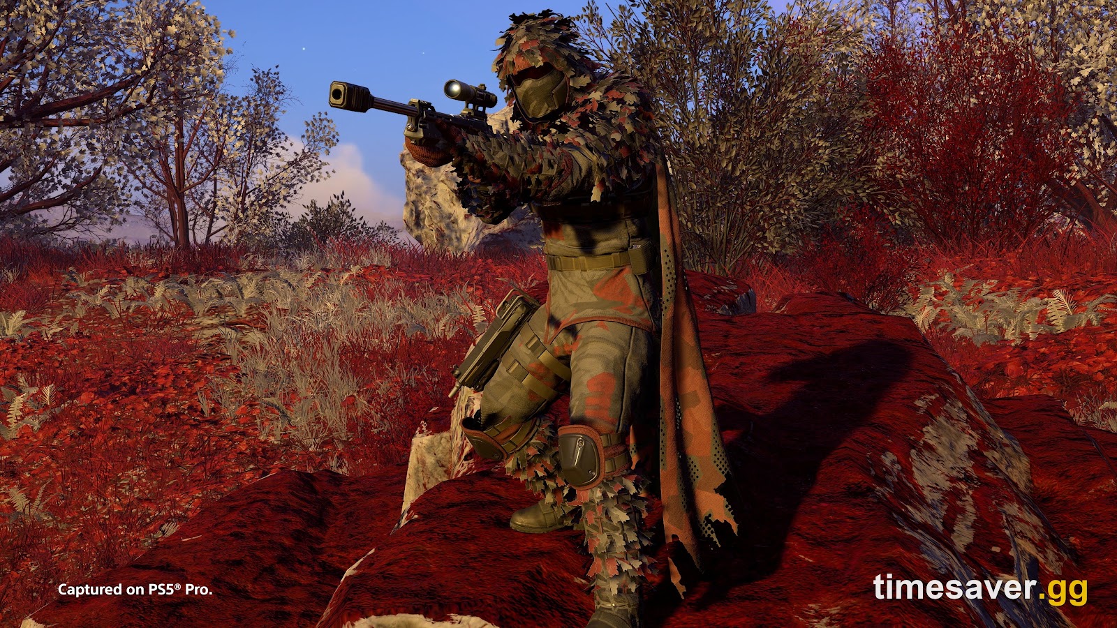 Helldivers 2 Scope of Authority Warbond ghillie-suited Helldiver with cape and scoped rifle