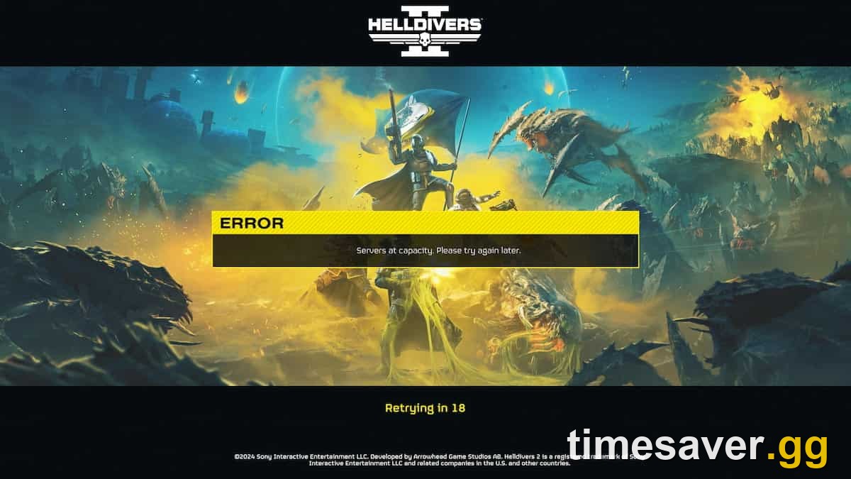 Helldivers 2 'Servers at capacity. Please try again later' login error screen with an automatic retry countdown.