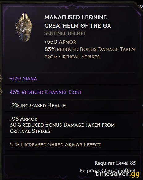 Last Epoch double T7 exalted Leonine Greathelm showing two purple Tier 7 affixes in the item panel