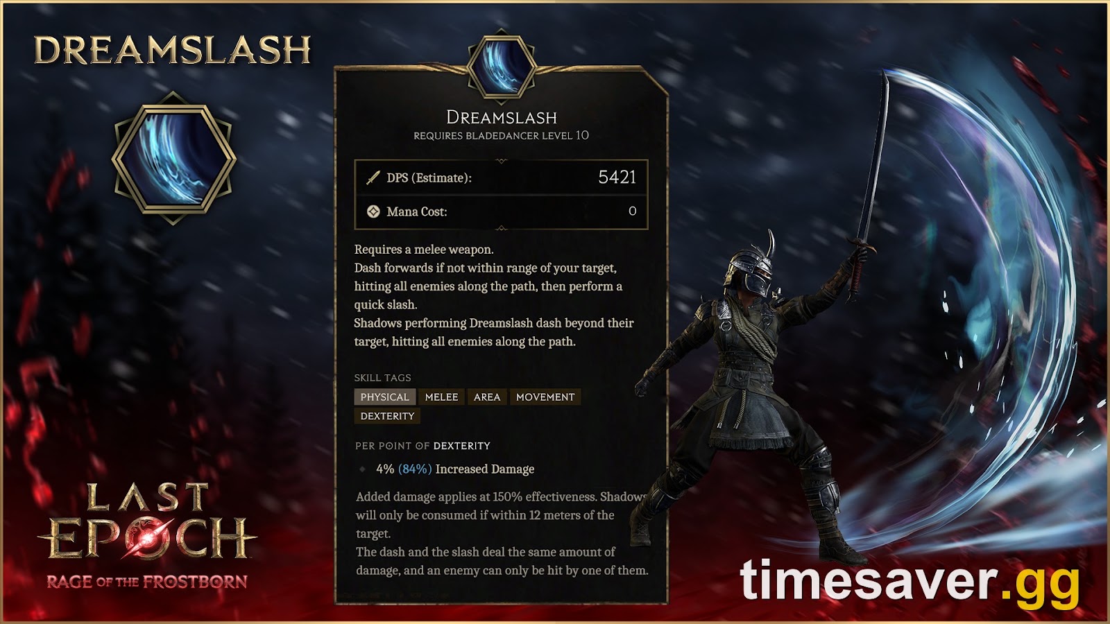 Last Epoch Dreamslash Bladedancer skill card showing the Season 5 dash attack with shadows copying the strike
