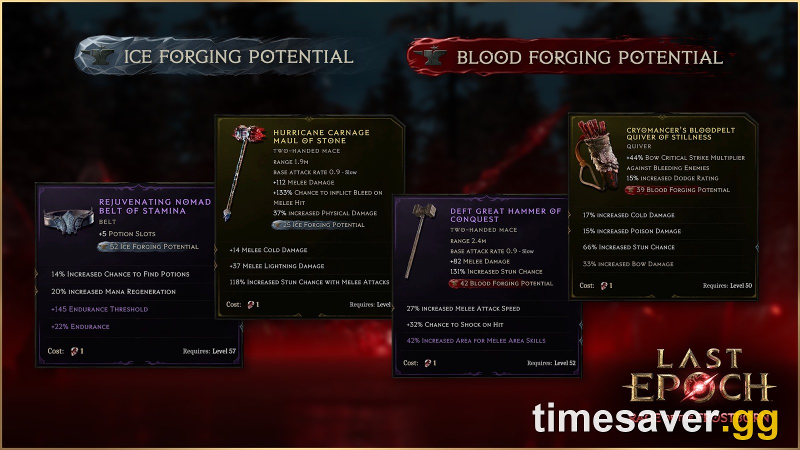Last Epoch Season 5 item tooltips showing Ice Forging Potential and Blood Forging Potential on Rage of Morditas rewards