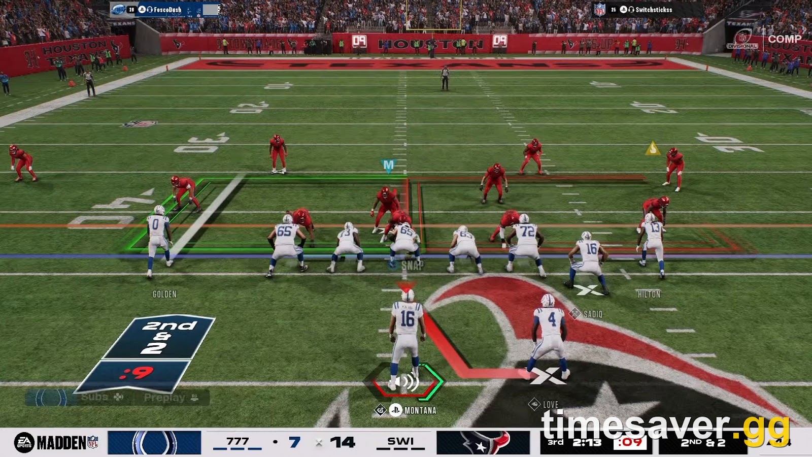 Madden NFL 27 pre-snap defensive view showing coverage and blitz look at the line of scrimmage