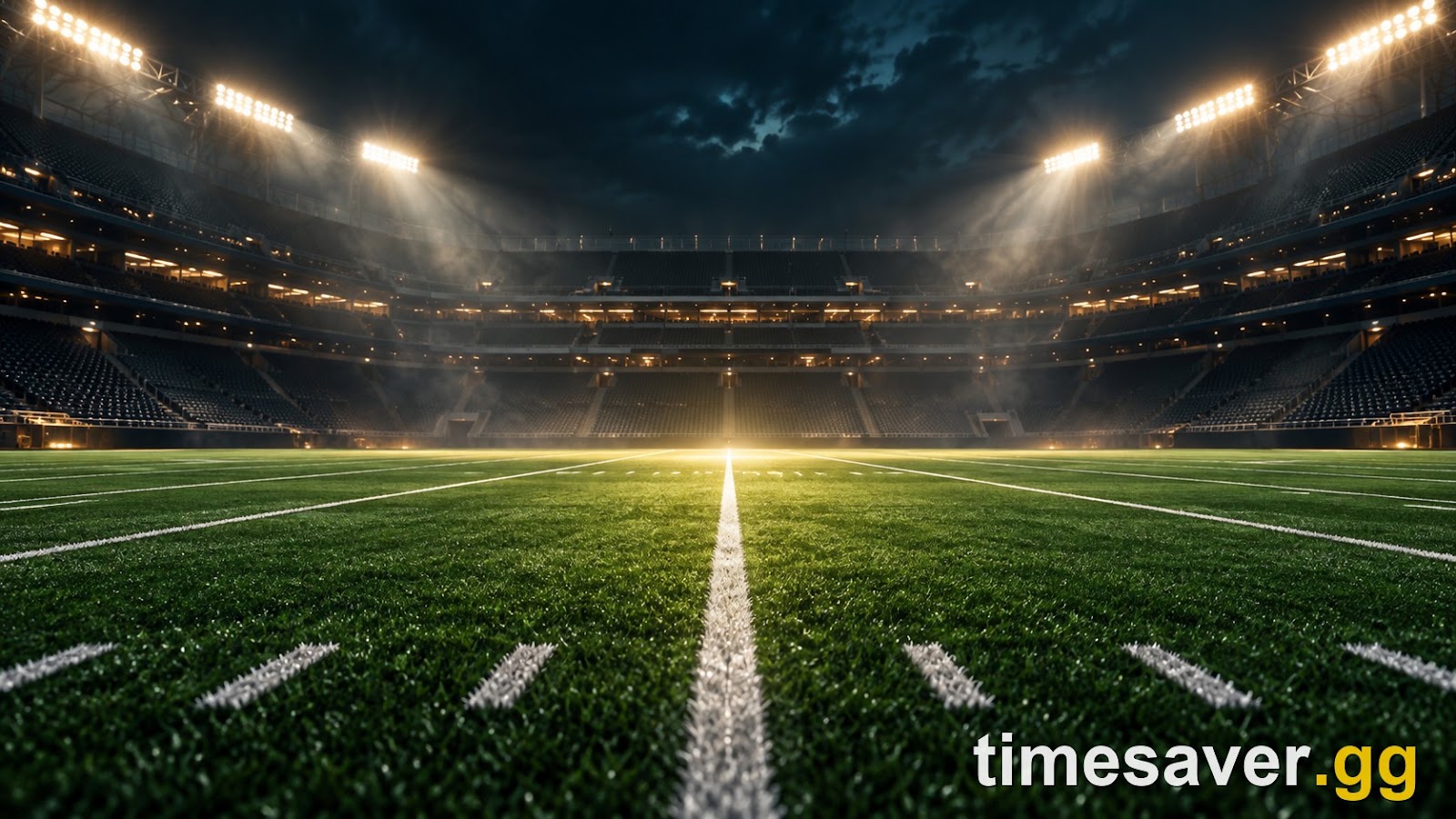 Atmospheric night football stadium field under floodlights, illustrating a Madden NFL 27 Ultimate Team budget build