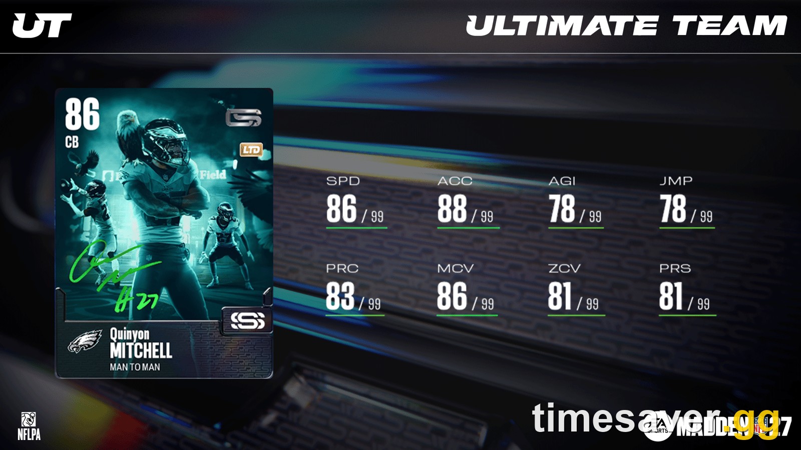 Madden NFL 27 Ultimate Team 86 OVR LTD Quinyon Mitchell Signature Series cornerback card showing 86 SPD, 88 AGG, 86 MCV, 81 ZOV and 83 PRC