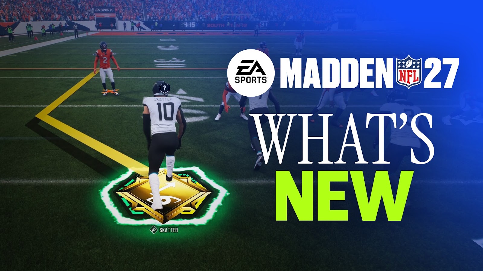 Madden NFL 27 on-field gameplay with route art and ability indicators on PS5 and Xbox Series X/S