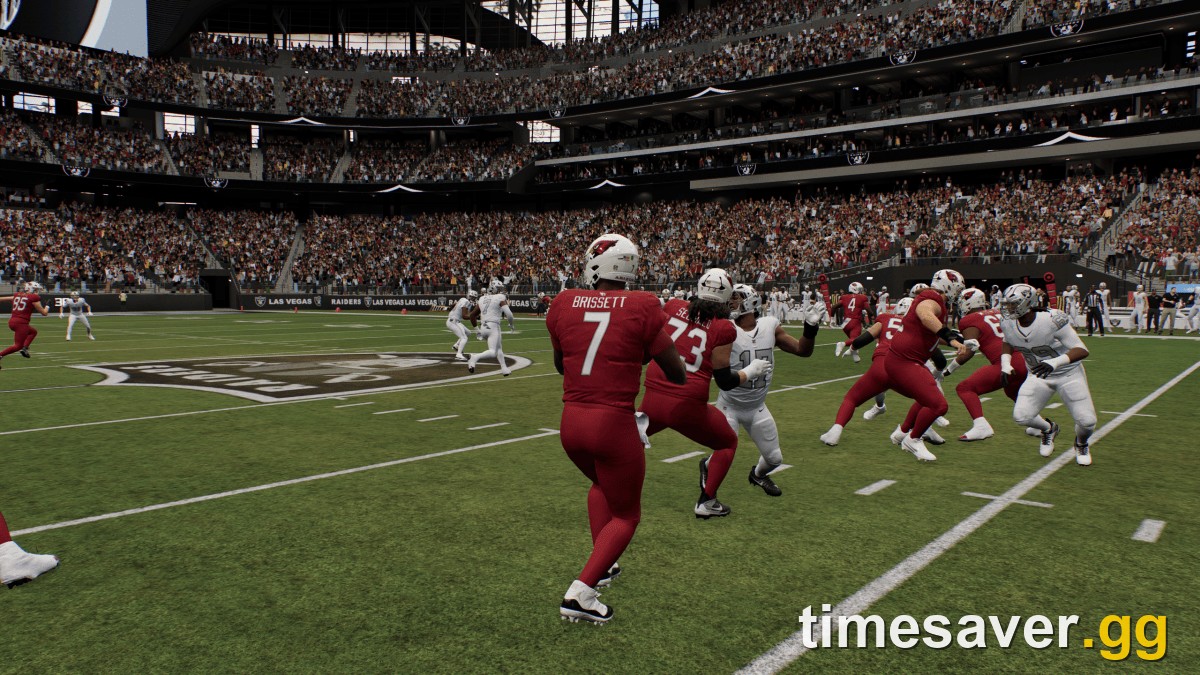 Madden NFL 27 quarterback dropping back in the pocket while the offensive line pass-blocks against the Raiders pass rush