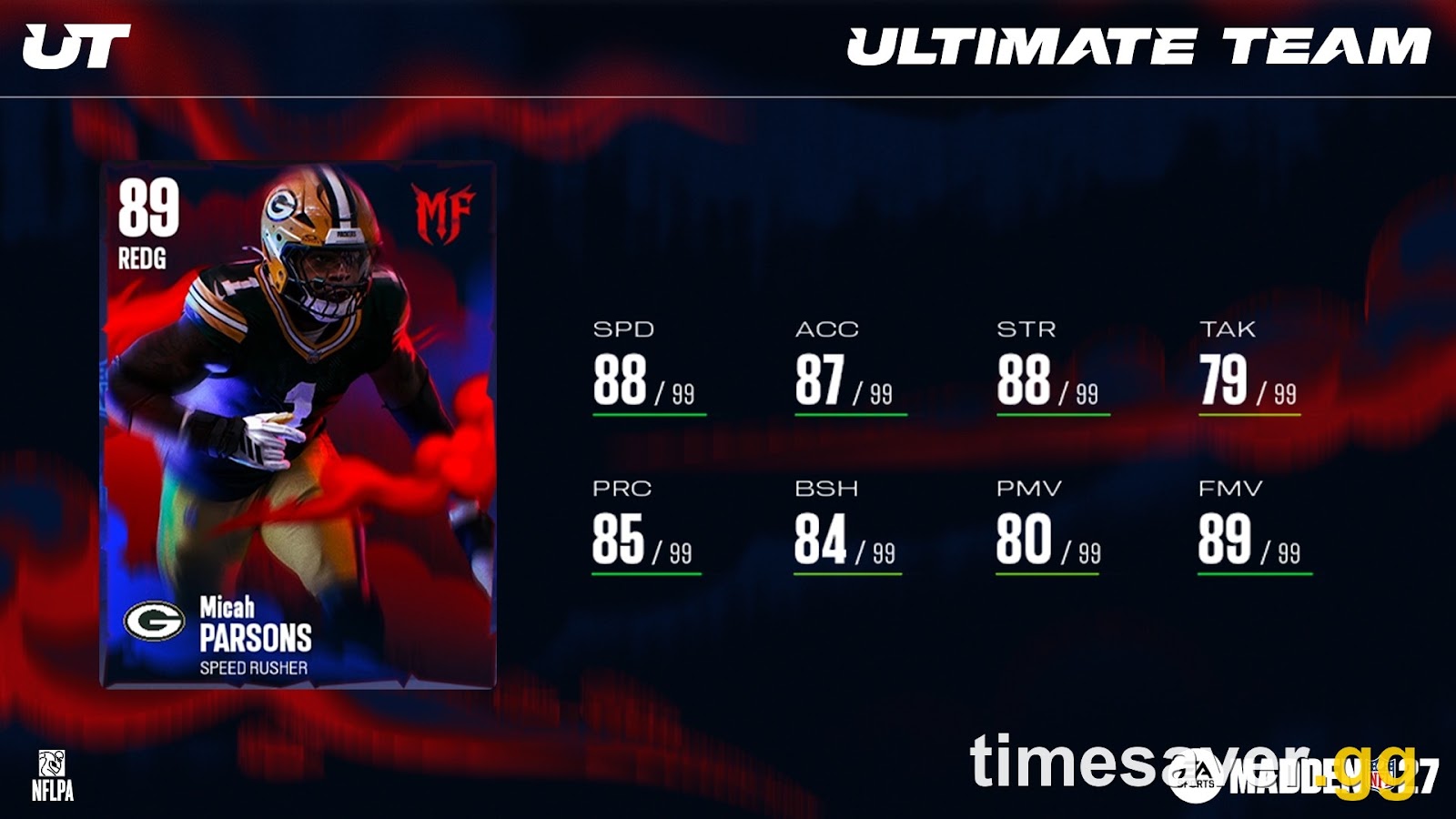 Madden NFL 27 Most Feared 89 OVR Micah Parsons Ultimate Team player item with ratings