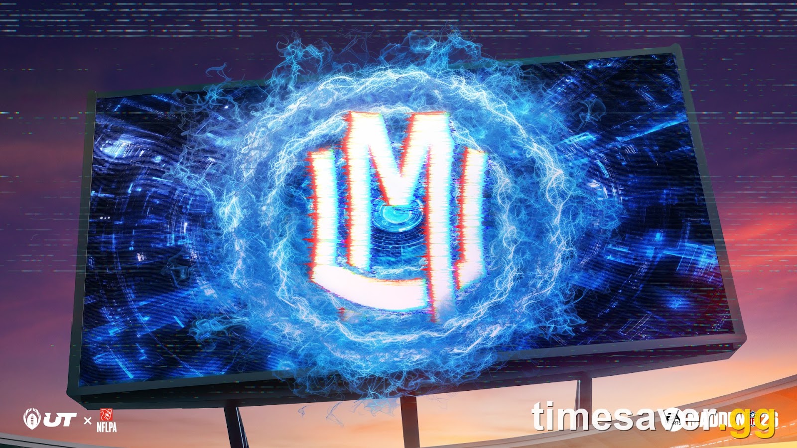 Official EA SPORTS Madden Ultimate Team Unreal Moments program key art showing the glowing blue UM logo on a stadium jumbotron with UT x NFLPA branding