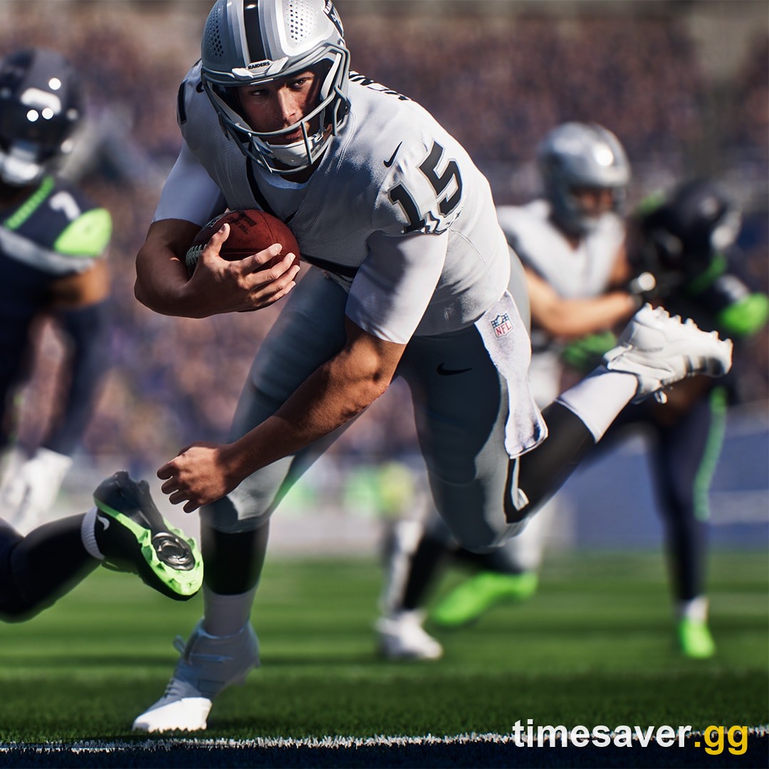 Madden NFL 27 gameplay of a Raiders ball carrier breaking through Seahawks defenders
