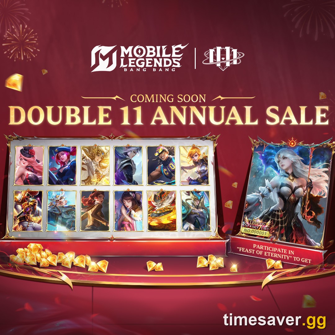 Official Mobile Legends Bang Bang Double 11 Annual Sale banner showing twelve discounted skins and the Kagura Feast of Eternity Legend skin