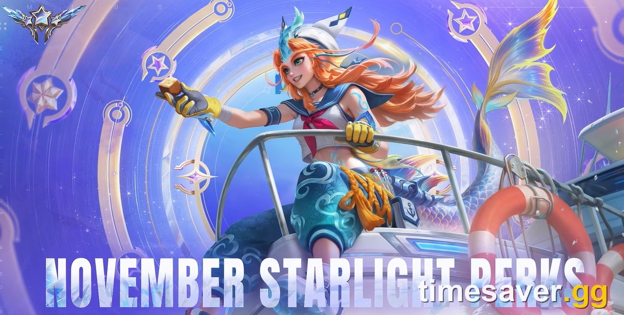 Official November Starlight Perks key art of Kalea in her Tideborn Sailor skin on a boat in Mobile Legends Bang Bang
