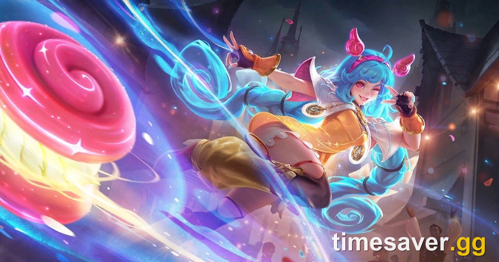 Cici Buoyant Performer default skin official splash art leaping with her giant yo-yo for the Mobile Legends Cici build guide