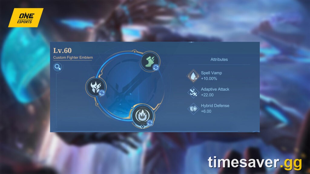 A maxed Custom Fighter Emblem screen in Mobile Legends showing the three talent tiers and attribute totals