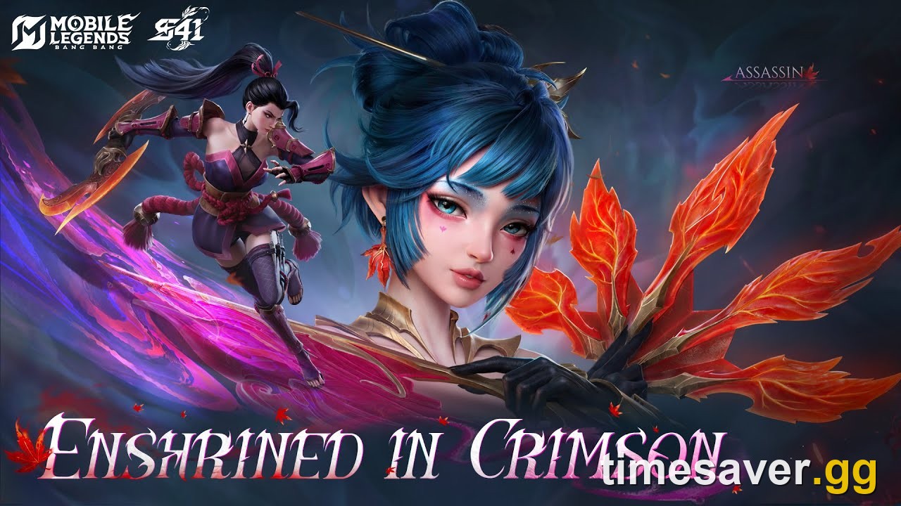 Official Enshrined in Crimson key art for the Hirara cinematic trailer showing the Fallen Scarlet assassin with her maple-leaf fan