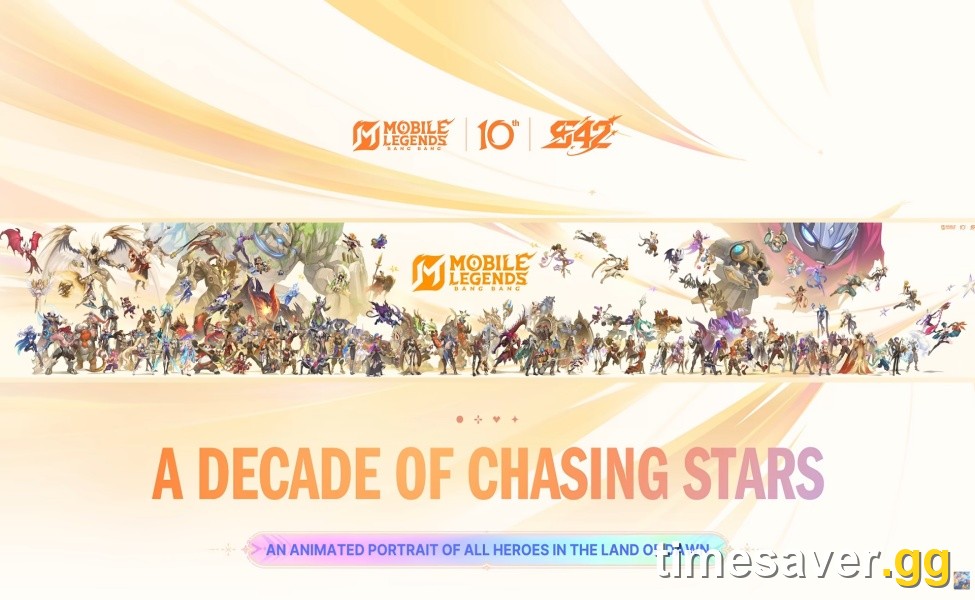 Mobile Legends Season 42 Starward Decade 10th Anniversary key art with the S42 and 10th marks and a panorama of heroes