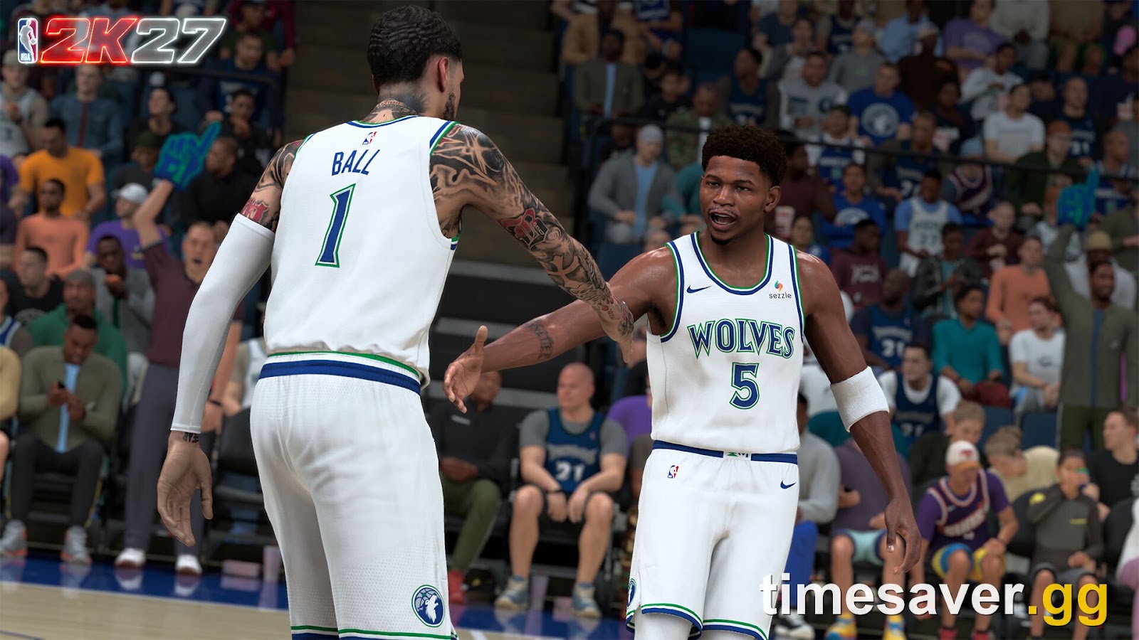NBA 2K27 on-court gameplay — Anthony Edwards and a teammate during an NBA game