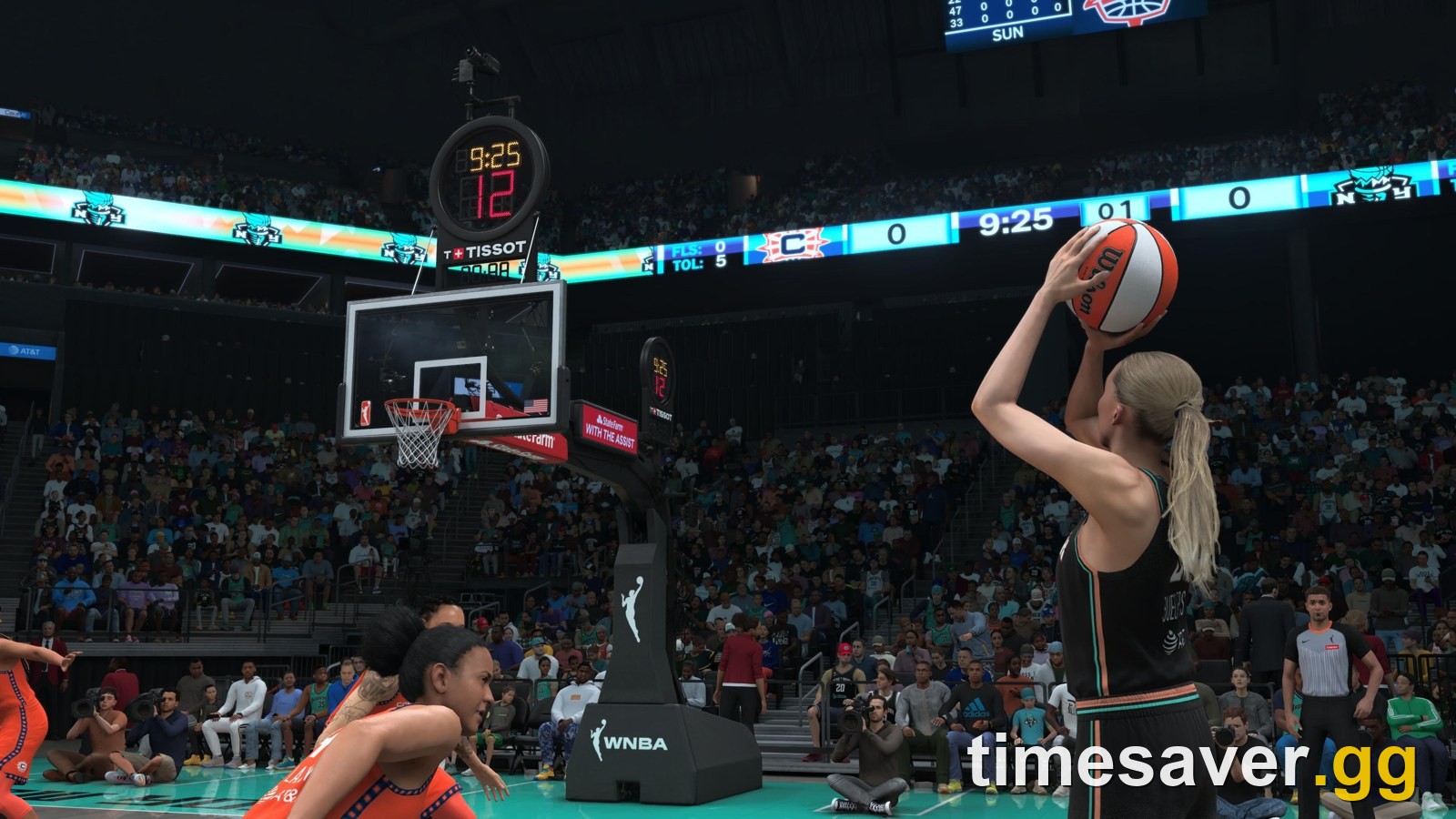 NBA 2K27 gameplay screenshot of a tall center defending the paint
