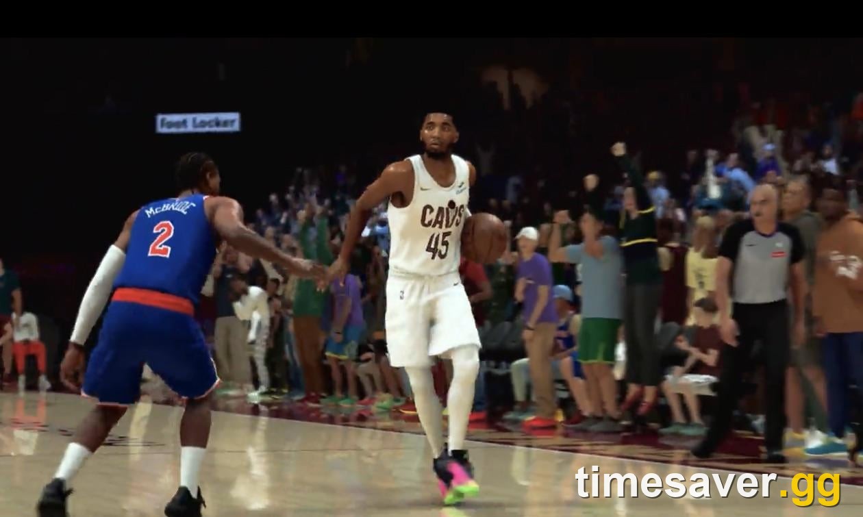 NBA 2K27 gameplay with a ball-handler sizing up a defender on the perimeter