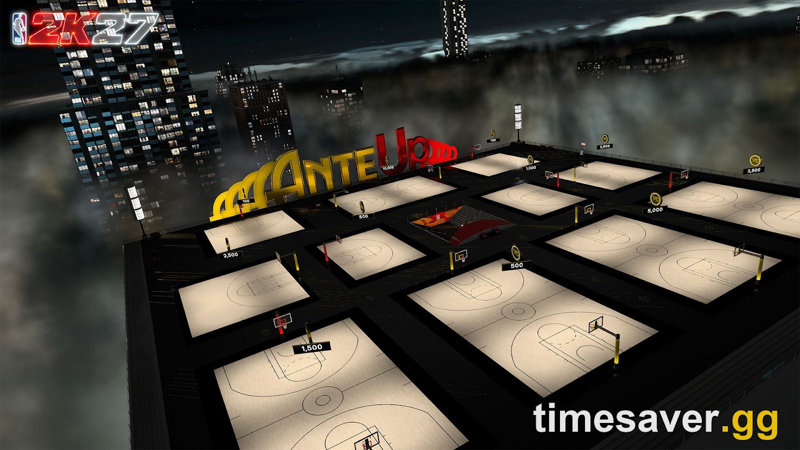 NBA 2K27 Ante-Up rooftop courts lit up at night over The City skyline — a City venue where Blackout Bingo objectives can be completed