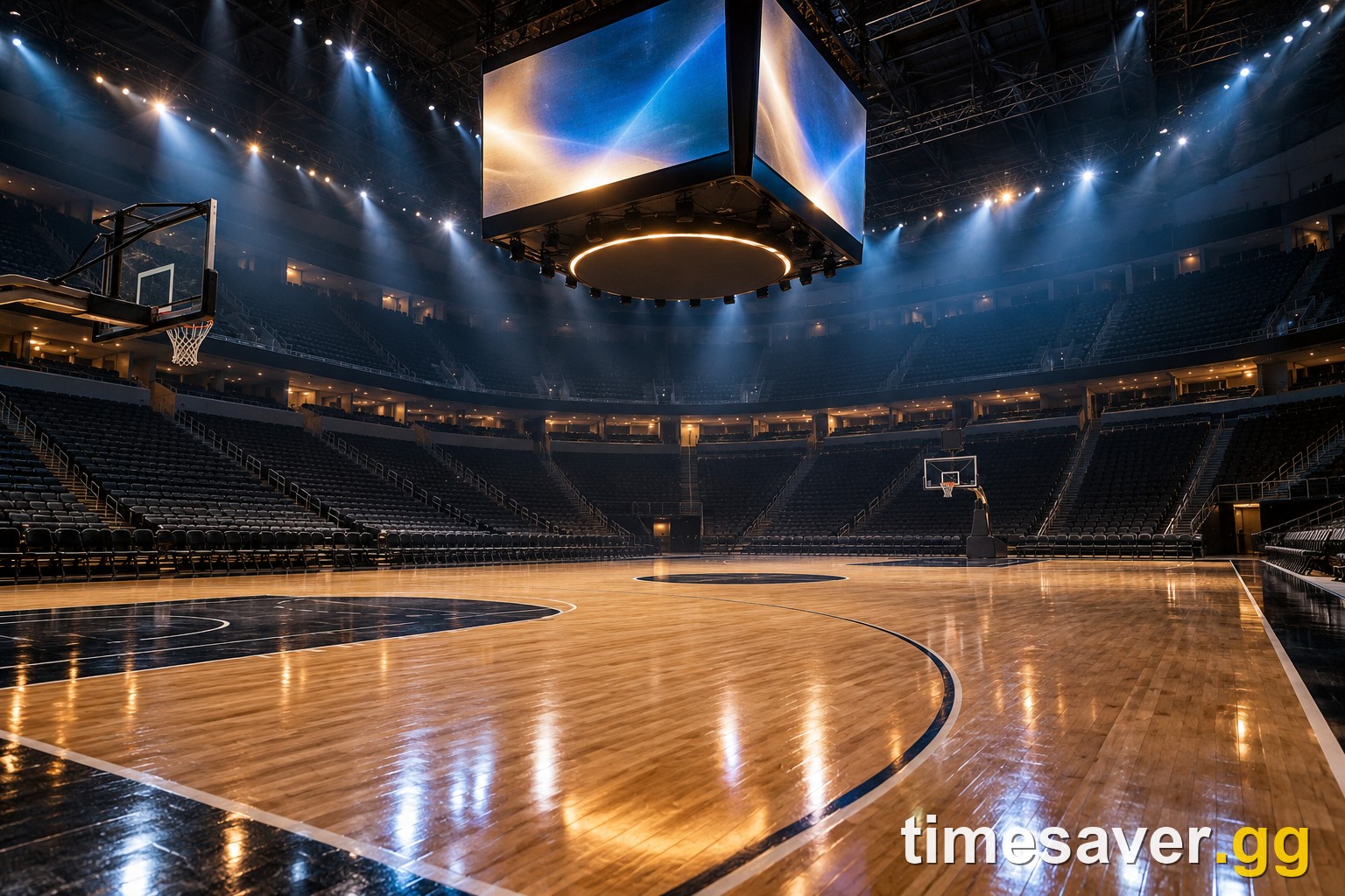 NBA 2K27 indoor arena with a glowing scoreboard before tip-off