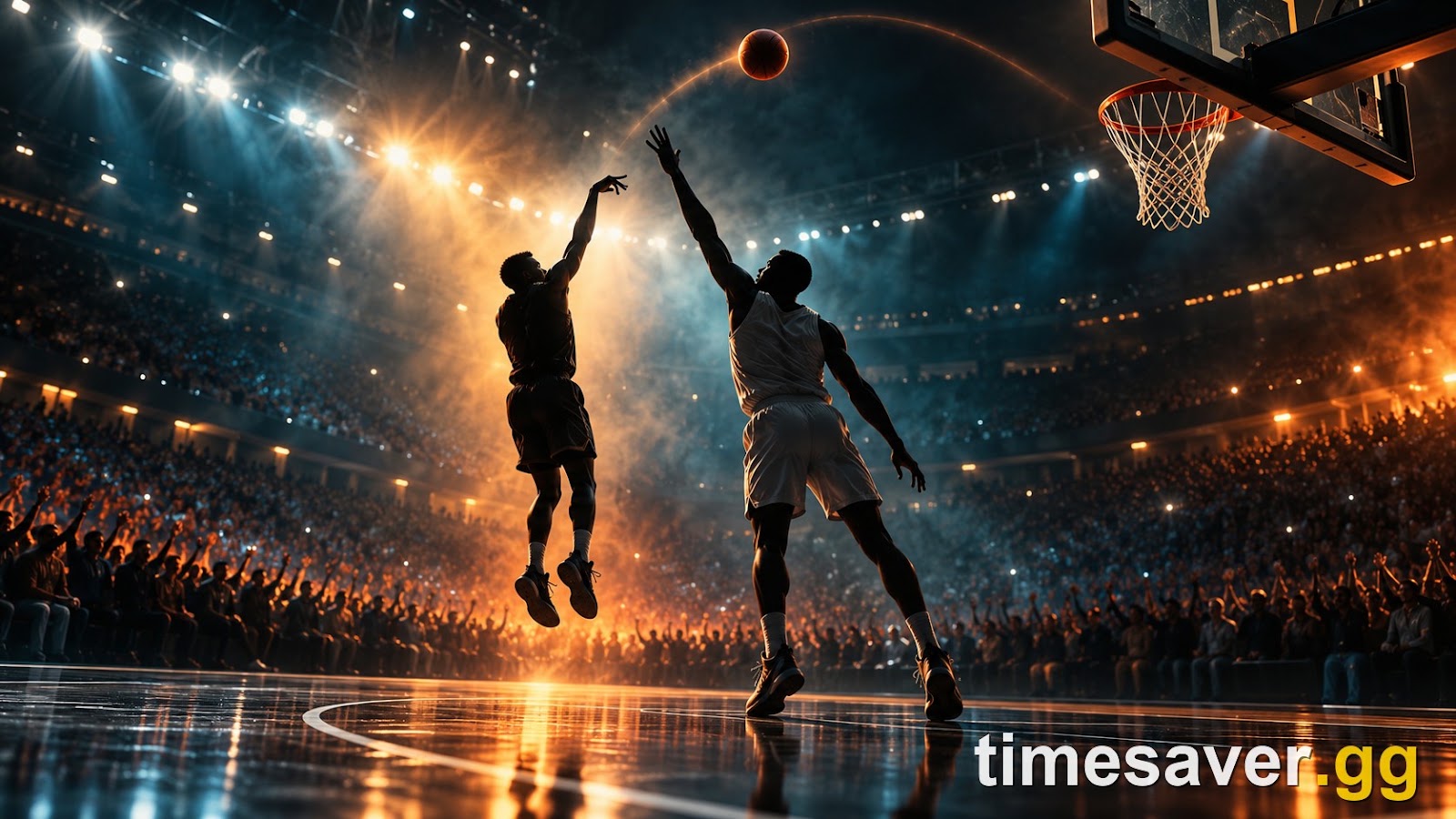 Guard releasing a soft floater over a dropping big man near the free-throw line in a basketball arena