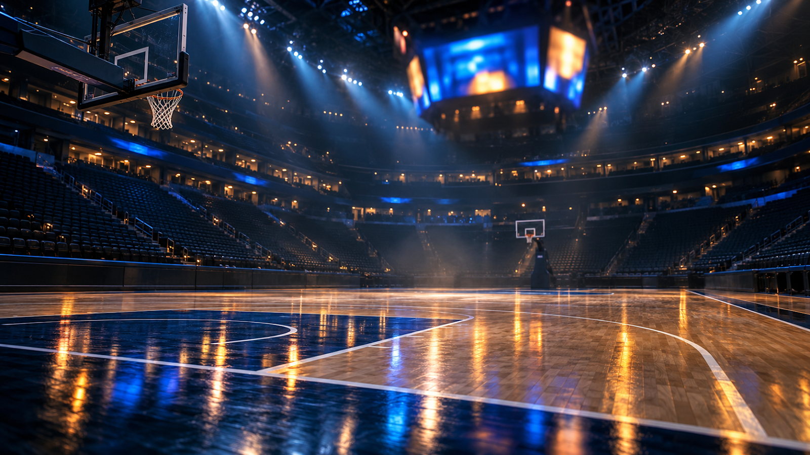 A moody, empty NBA-style basketball arena lit by spotlights at night, the kind of atmospheric backdrop that fits a free-rewards guide
