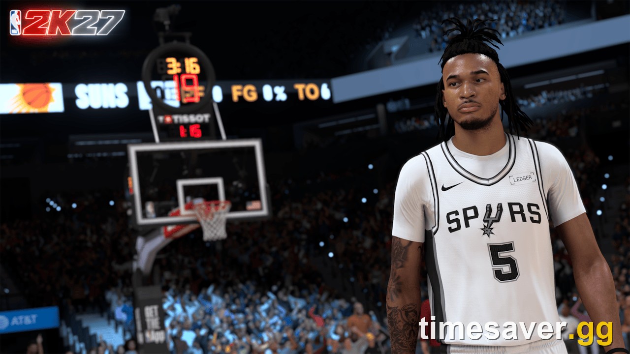 NBA 2K27 in-game NBA arena with a live scoreboard