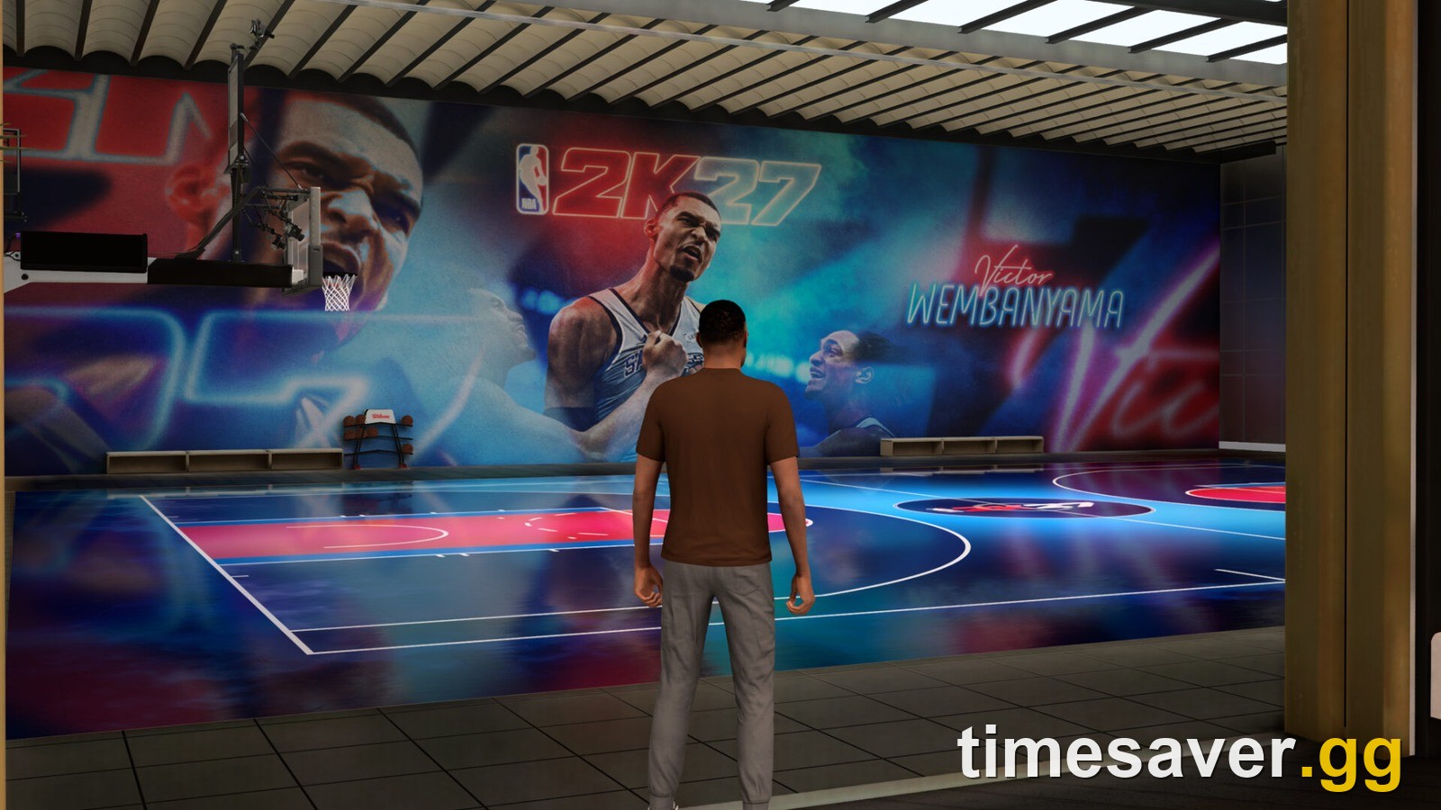 NBA 2K27 The City — a custom MyPLAYER standing in front of an indoor court mural in the City hub
