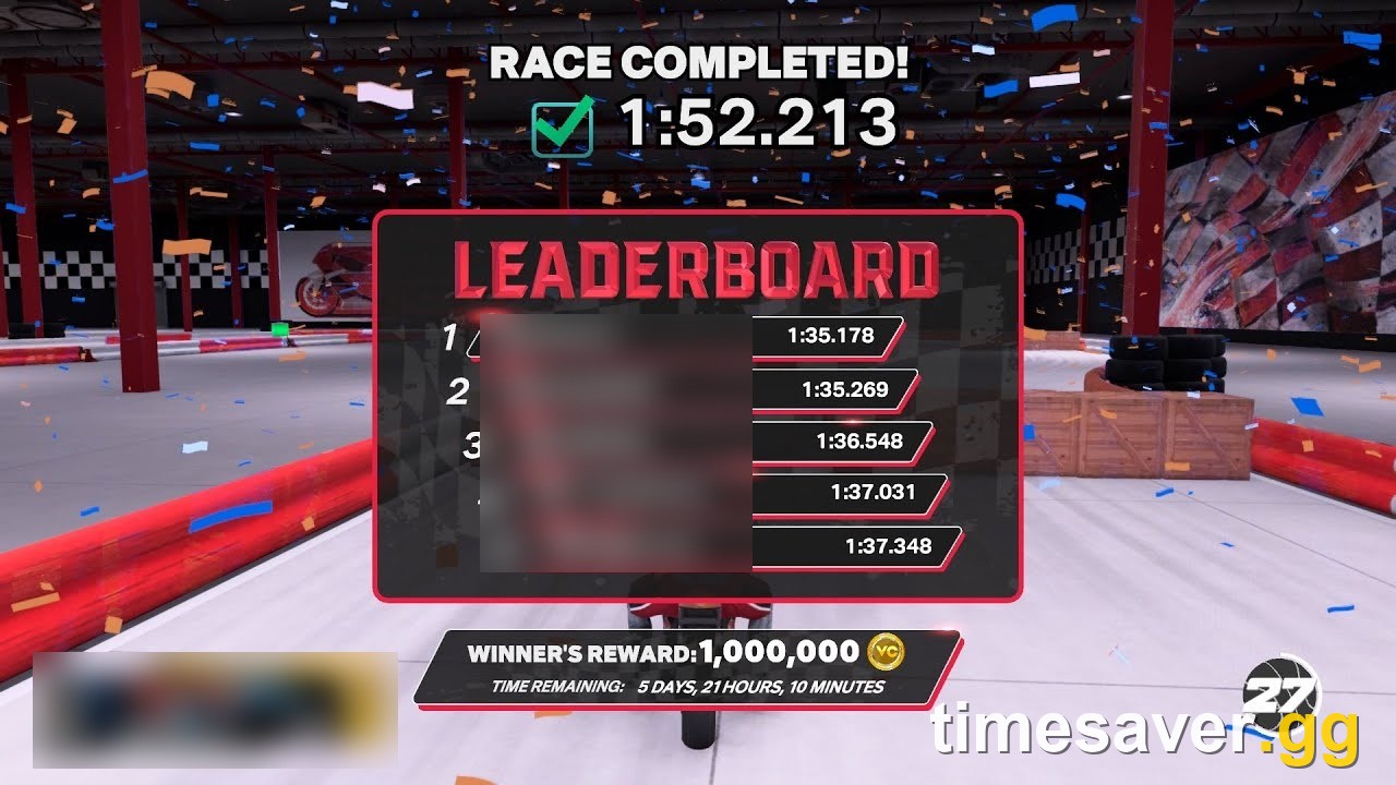 NBA 2K27 The Track race completed screen with the weekly leaderboard and a 1,000,000 VC winner's reward