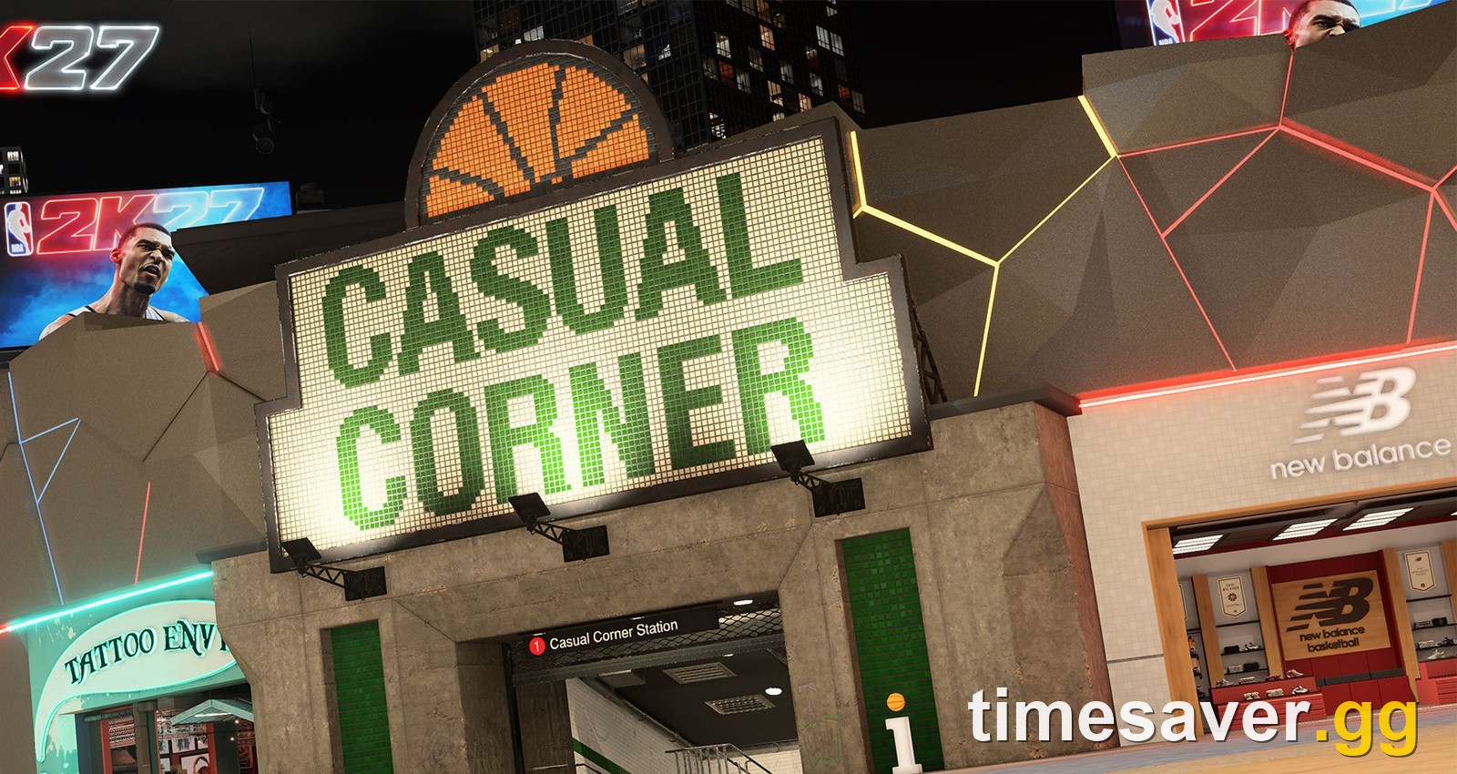 NBA 2K27 The City at night — the Casual Corner plaza, the beginner-friendly matchmaking entrance in the City hub